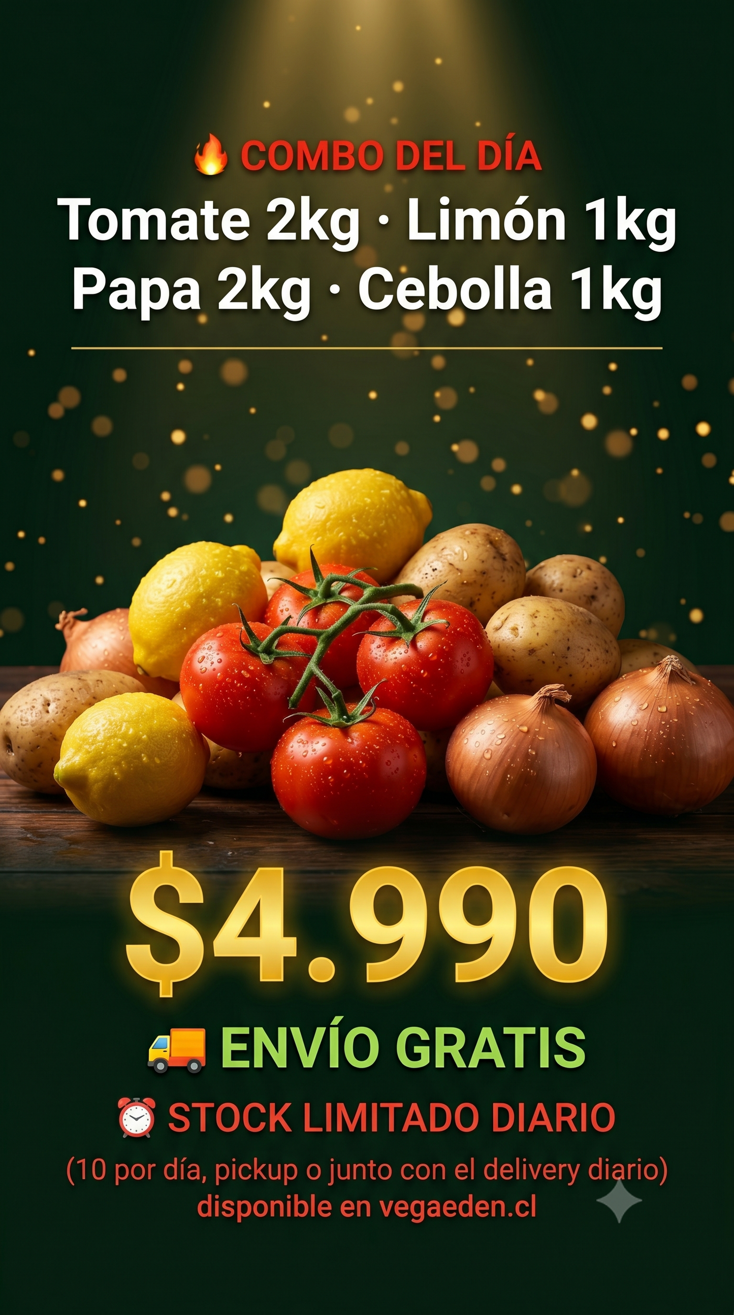 Combo del día: 🍅Tomate 2kg + 🍋Limon 1kg+ 🥔Papa 2kg + 🧅Cebolla 1 kg.